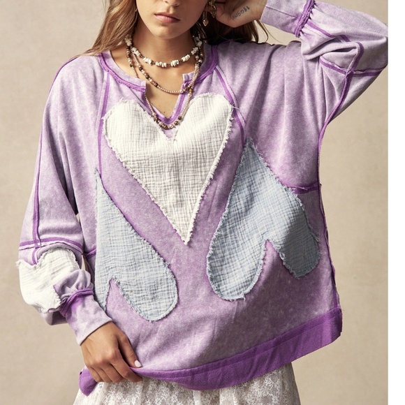 Mineral Wash Notched Neck Heart Patch Reverse Stitch Long Sleeve Top - Picture 3 of 6